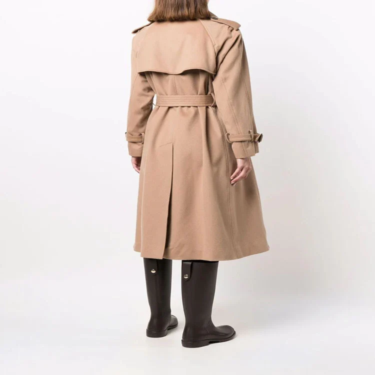Damen Midilanger Wollmix-Trenchcoat im Tailoring mit Doppelreihe, Taillengürtel und Epauletten Nord Taschen