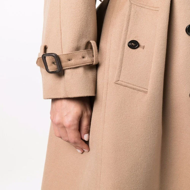 Damen Midilanger Wollmix-Trenchcoat im Tailoring mit Doppelreihe, Taillengürtel und Epauletten Nord Taschen