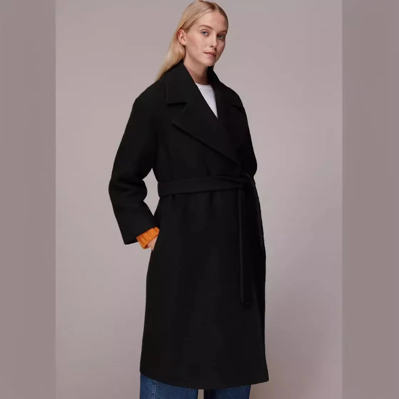 Damen Midilanger Wollmix‑Longmantel mit minimalem Schalkragen und relaxed Silhouette Nord Taschen