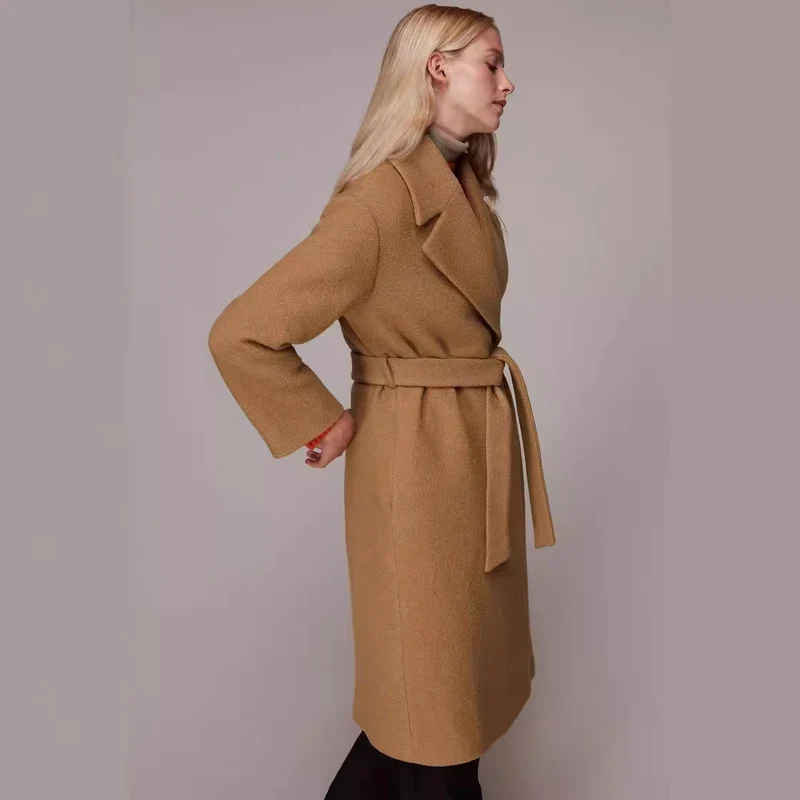 Damen Midilanger Wollmix‑Longmantel mit minimalem Schalkragen und relaxed Silhouette Nord Taschen