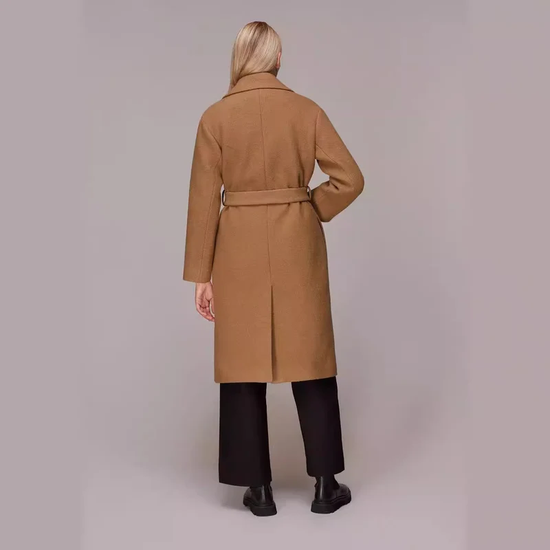 Damen Midilanger Wollmix‑Longmantel mit minimalem Schalkragen und relaxed Silhouette Nord Taschen