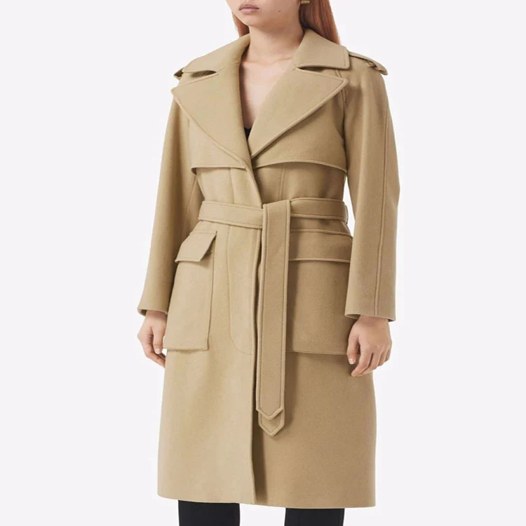 Damen Midilanger Wollmix-Longcoat mit doppelter Schulterpasse, Pattentaschen und dezenter Taillierung Nord Taschen