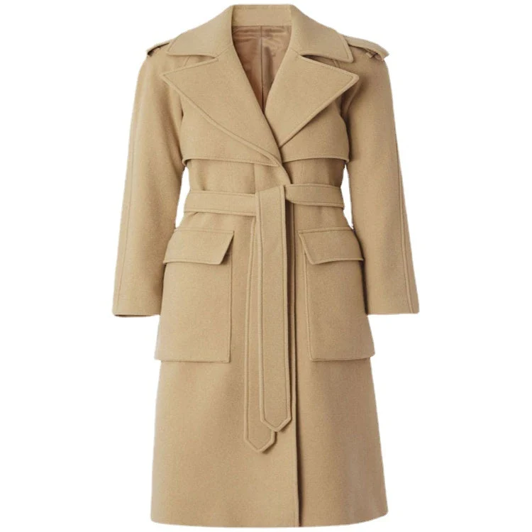 Damen Midilanger Wollmix-Longcoat mit doppelter Schulterpasse, Pattentaschen und dezenter Taillierung Nord Taschen