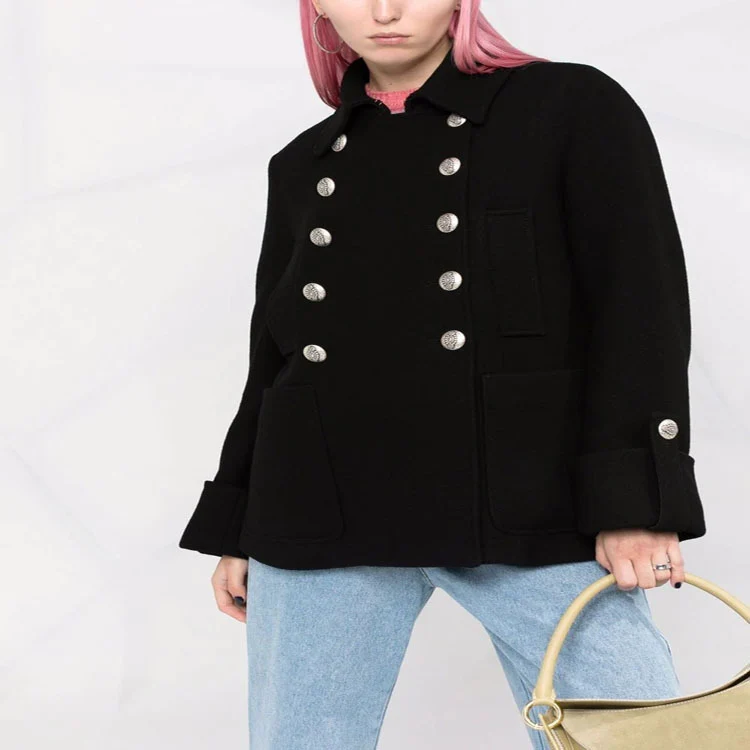 Damen Kurzer Boxy‑Wollmix‑Mantel im Military‑Look mit Zierrundknöpfen Nord Taschen