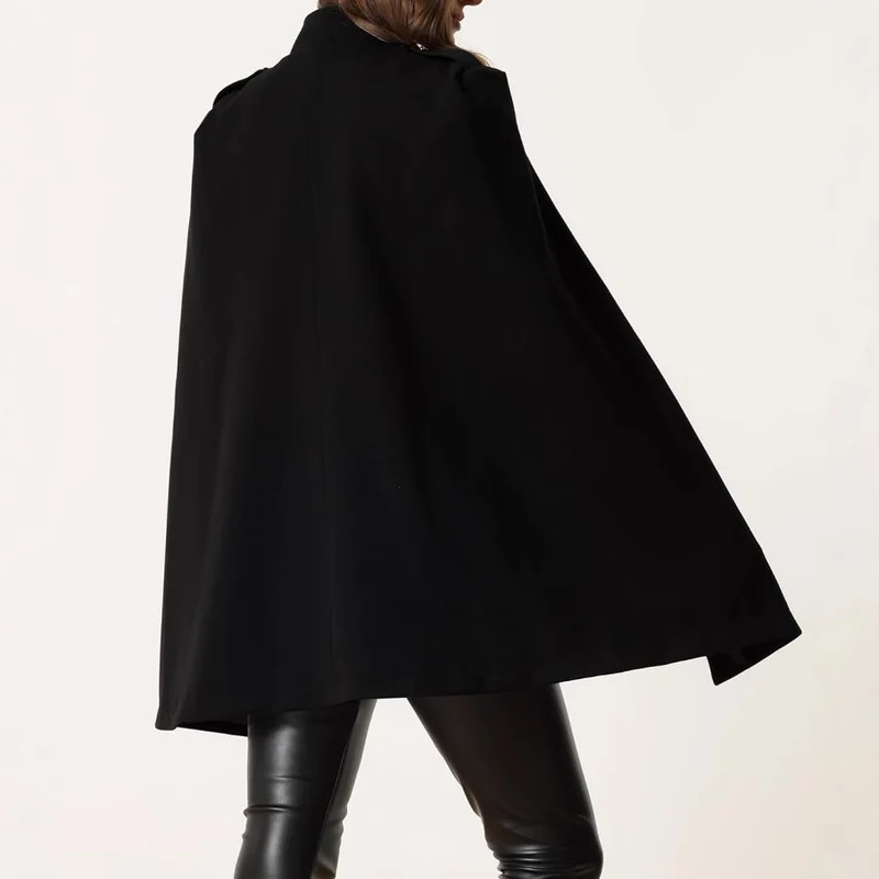 Damen Kurzcape-Mantel aus Wollmix mit Doppelreiher Schulterriegeln und Arm-Schlitzen Nord Taschen