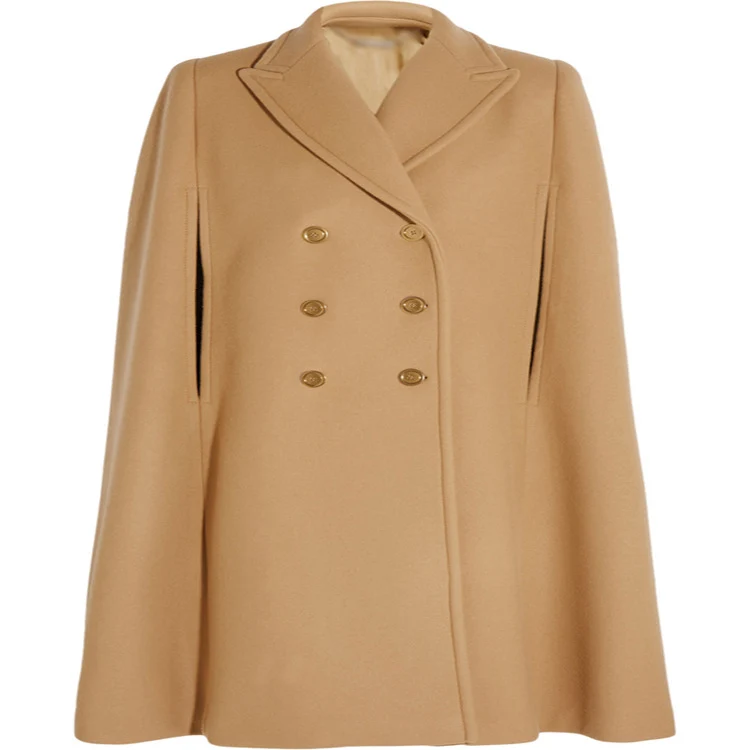 Damen taillierter Wollmix-Cape-Mantel mit verdeckten Armöffnungen und Zweireiher-Tailoring Nord Taschen