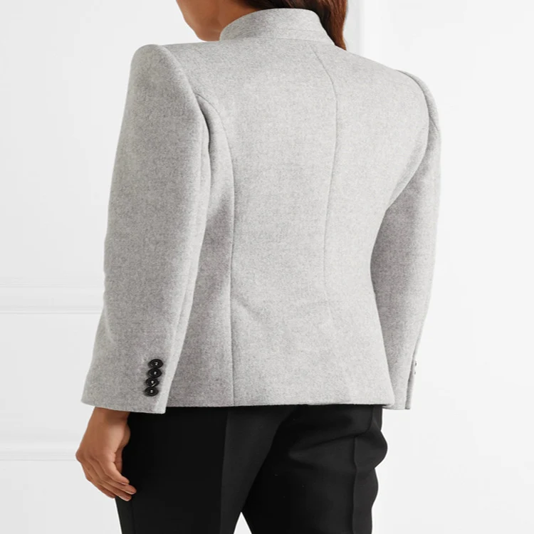 Damen Taillierter Wollmix‑Blazer mit Stehkragen, strukturierter Schulter und Pattentaschen Nord Taschen