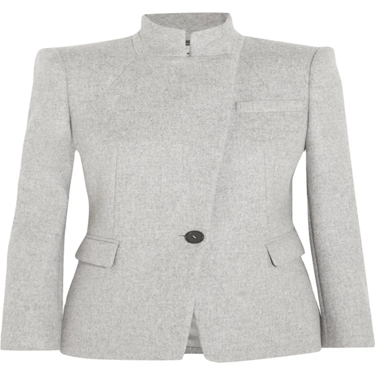 Damen Taillierter Wollmix‑Blazer mit Stehkragen, strukturierter Schulter und Pattentaschen Nord Taschen