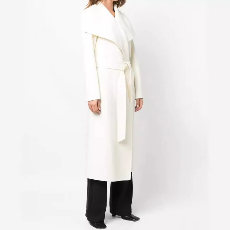 Damen Taillierter Wickelmantel im Kimono‑Look mit weitem Schalkragen und Bindegürtel Nord Taschen
