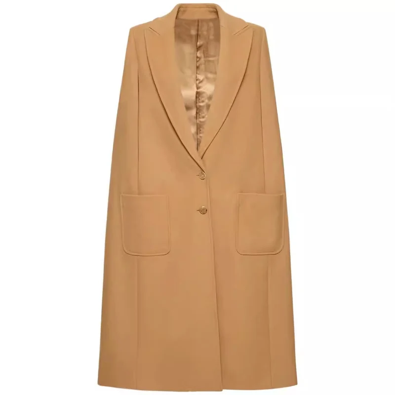 Damen Cape-inspirierter Maxilanger Mantel aus Wollmix mit schmalem Revers Nord Taschen