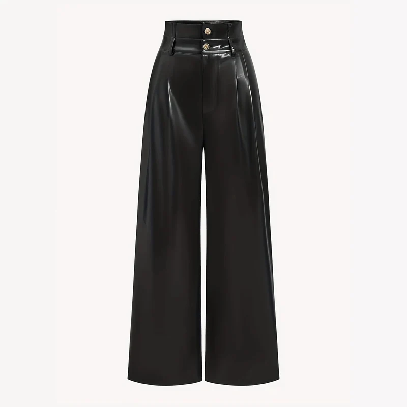 Damen Hochtaillierte Wide‑Leg Kunstlederhose mit Zierknöpfen Nord Taschen