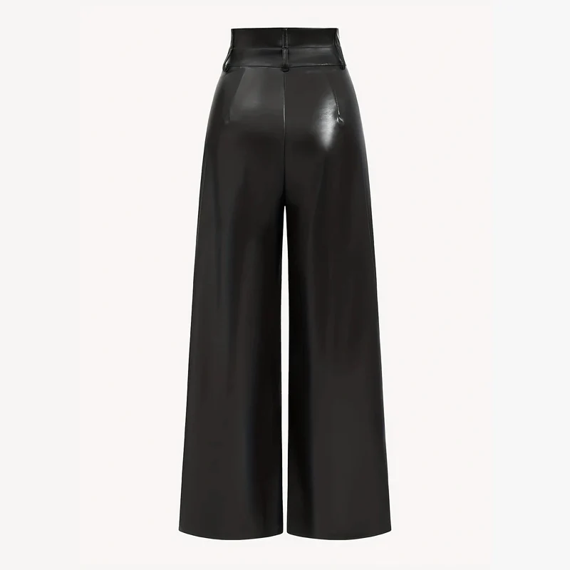 Damen Hochtaillierte Wide‑Leg Kunstlederhose mit Zierknöpfen Nord Taschen