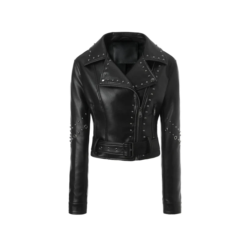 Damen Gekürzte Nieten-Bikerjacke mit Taillengürtel Nord Taschen