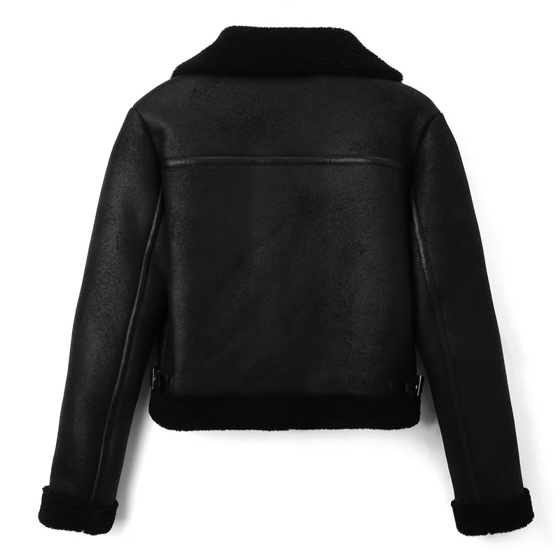 Damen Cropped-Fliegerjacke aus Lammfelloptik mit asymmetrischem Reißverschluss Nord Taschen