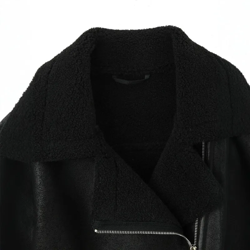 Damen Cropped-Fliegerjacke aus Lammfelloptik mit asymmetrischem Reißverschluss Nord Taschen