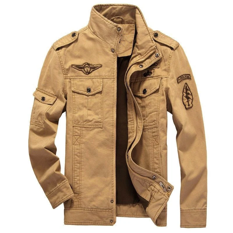Herren Militärische Canvas Feldjacke mit Stehkragen, Pattentaschen und Abzeichen Nord Taschen
