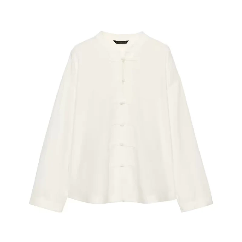 Damen Locker geschnittene Bluse im Mandarin‑Look mit Knotenknöpfen Nord Taschen