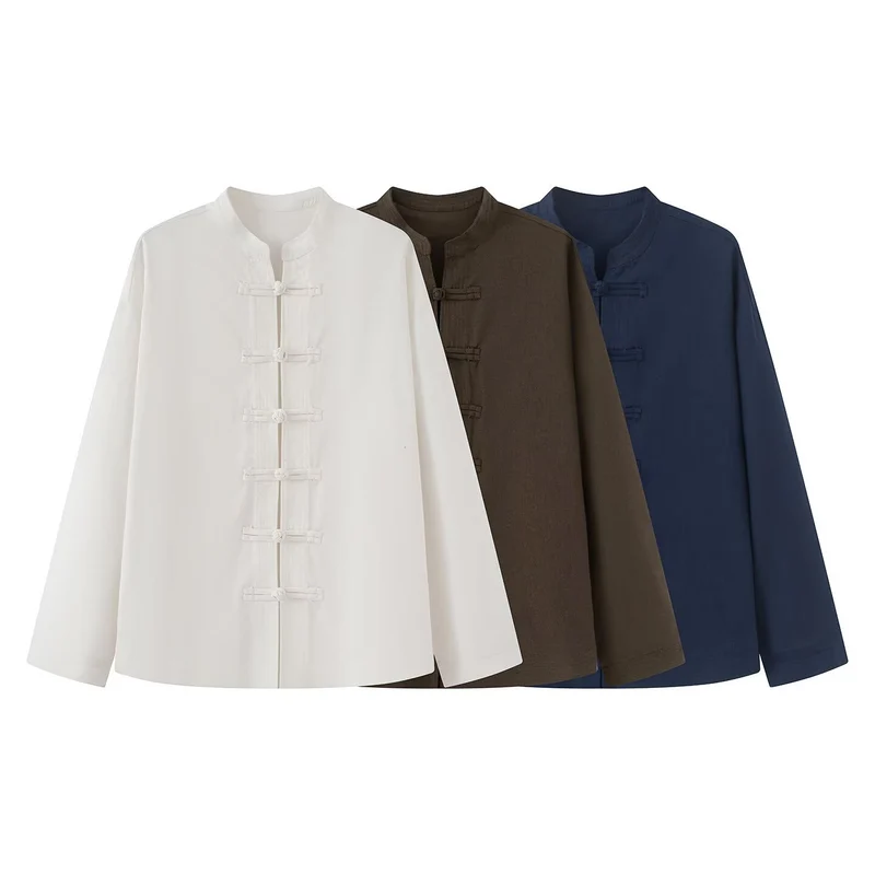 Damen Locker geschnittene Bluse im Mandarin‑Look mit Knotenknöpfen Nord Taschen