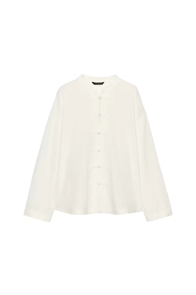 Damen Locker geschnittene Bluse im Mandarin‑Look mit Knotenknöpfen Nord Taschen