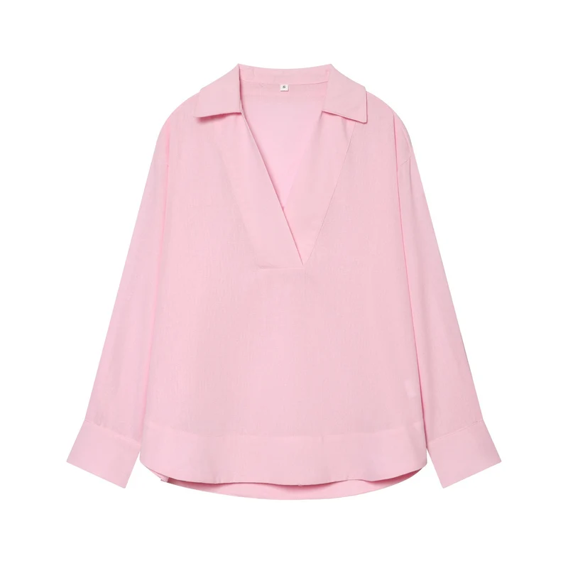 Damen Locker fallende Leinenoptik Bluse mit V‑Ausschnitt, Hemdkragen und Umschlagmanschetten Nord Taschen