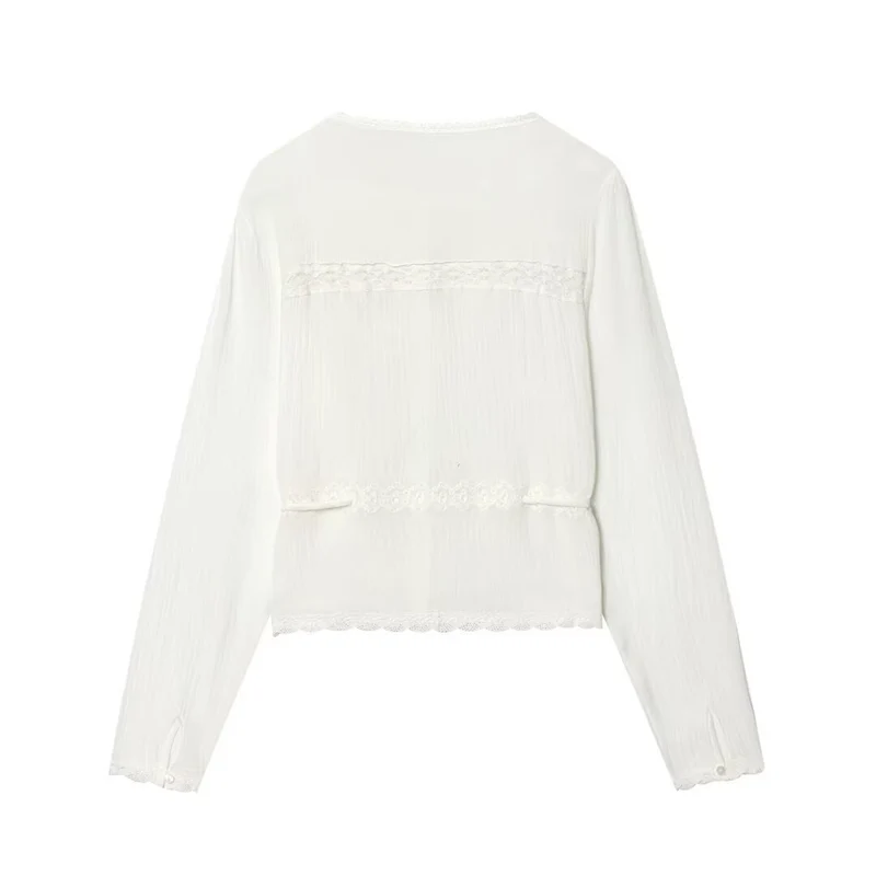 Damen Leichte Stickerei‑Bluse mit Spitzenkragen, Bindeband‑Taillierung und Knopfleiste Nord Taschen