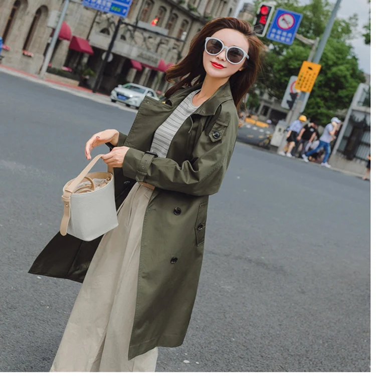 Damen Midilanger Trenchcoat mit taillierendem Bindegürtel und verstellbaren Manschetten Nord Taschen