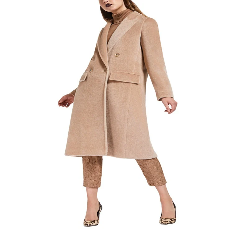 Damen Midilanger Teddy‑Wollmix‑Mantel mit Doppelreihe, Pattentaschen und weichfallendem Revers Nord Taschen