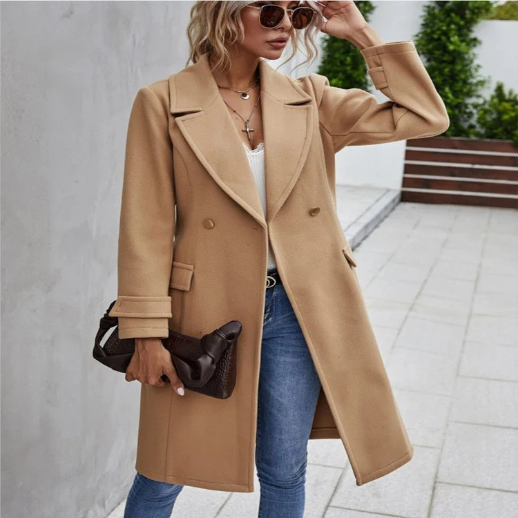 Damen Midilanger taillierter Wollmixmantel mit dezentem Doppelreiher und schmalem Revers Nord Taschen