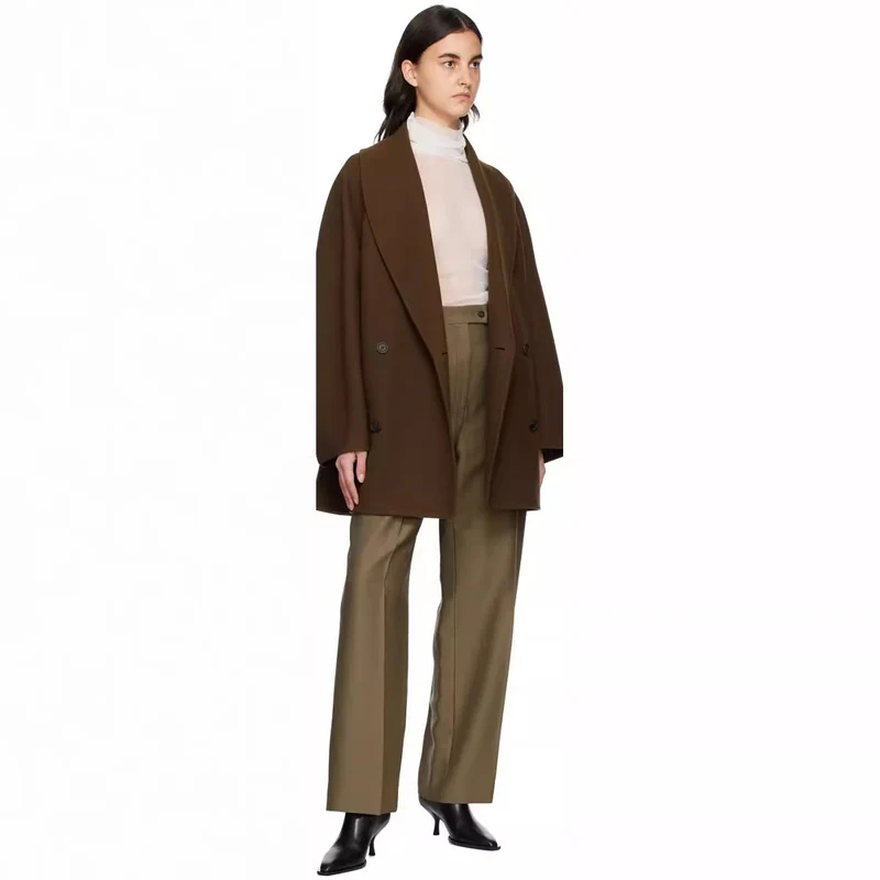Damen Kurz geschnittener Oversize Doppelreihiger Wollmix‑Mantel mit Rundschalkragen Nord Taschen