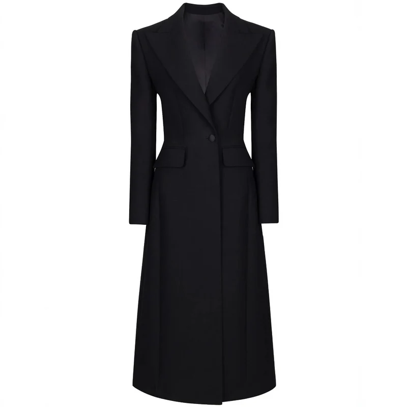 Damen Taillierter Longline-Mantel mit spitzem Revers und Gehschlitz Nord Taschen