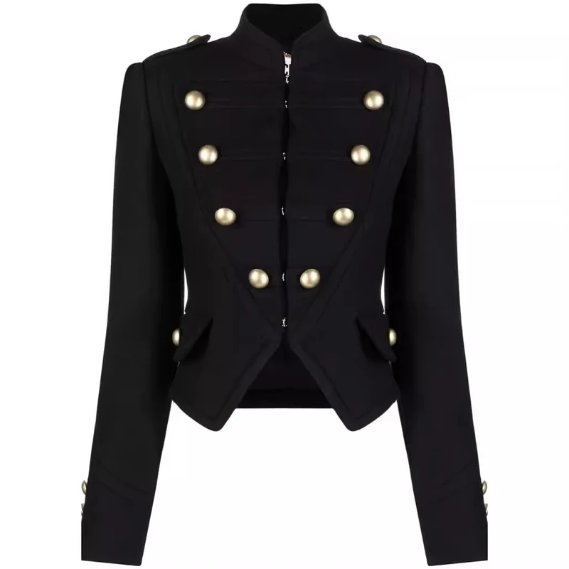Damen Taillierter Kurzer Military‑Blazer mit Zierknöpfen und Stehkragen Nord Taschen