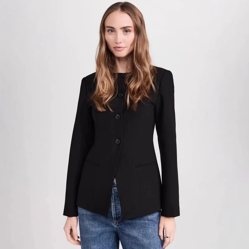 Damen Taillierter Kurzblazer mit Rundhalsausschnitt und mittiger Knopfleiste Nord Taschen