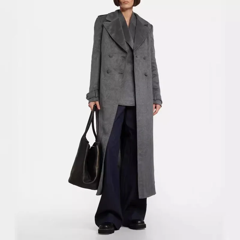 Damen Bodenlanger Zweireihiger Mantel im Vintage-Tailoring mit breitem Schalkragen Nord Taschen