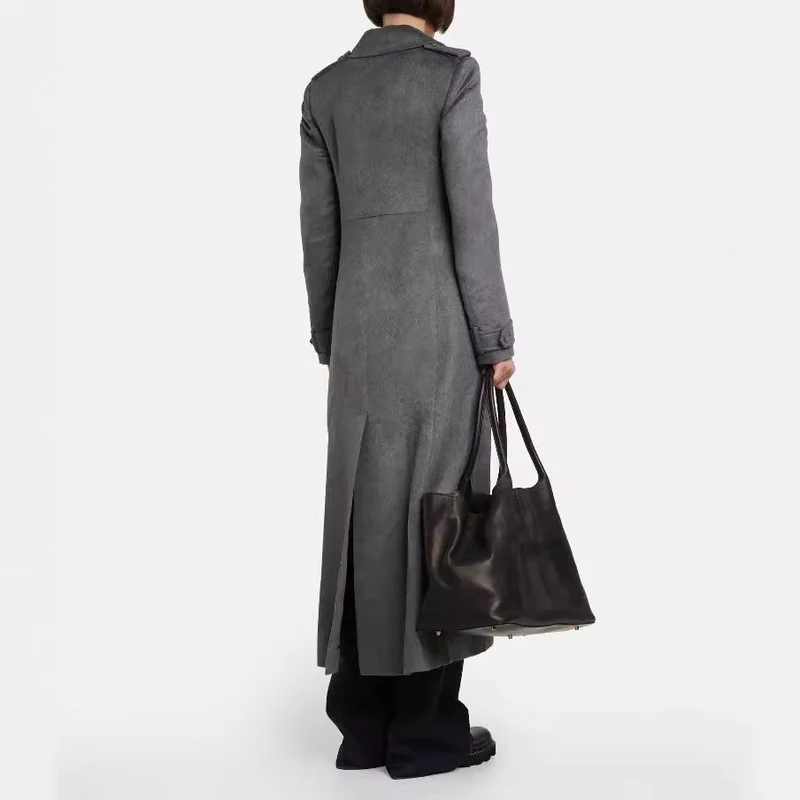 Damen Bodenlanger Zweireihiger Mantel im Vintage-Tailoring mit breitem Schalkragen Nord Taschen