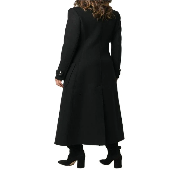 Damen Bodenlanger Taillierter Wollmix-Mantel mit Stehkragen und Zierknopfleiste Nord Taschen