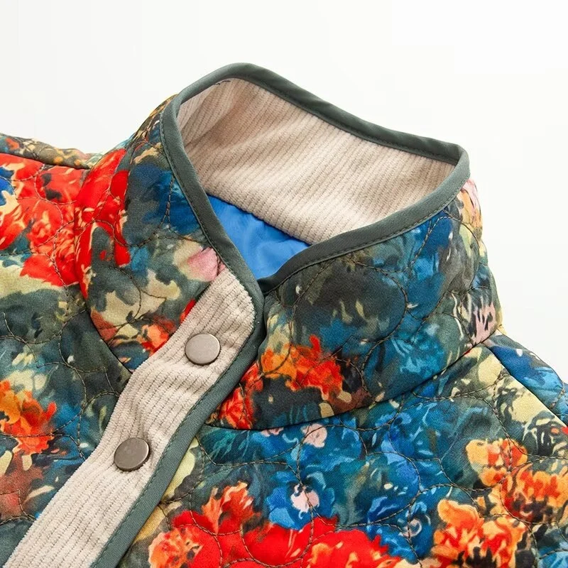 Damen Gesteppte Übergangsjacke mit floralem Allover-Muster und Stehkragen Nord Taschen