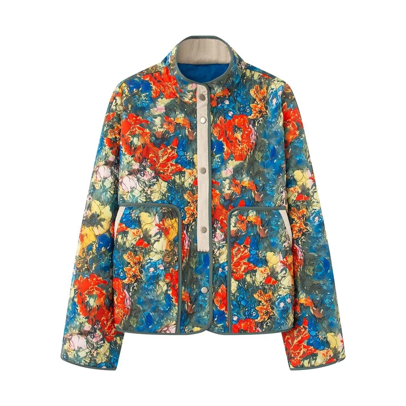 Damen Gesteppte Übergangsjacke mit floralem Allover-Muster und Stehkragen Nord Taschen
