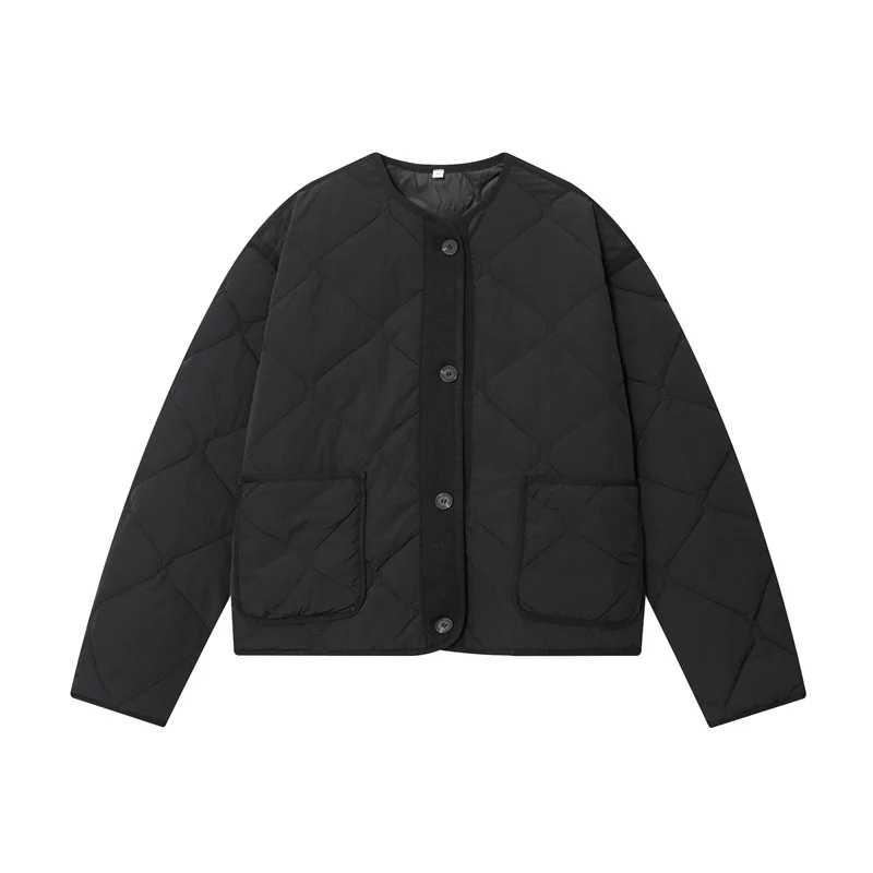 Damen Gesteppte Oversize‑Steppjacke mit Rundhalsausschnitt, aufgesetzten Taschen und Knopfleiste Nord Taschen