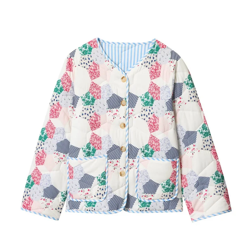 Damen Gesteppte Kurzjacke im Patchwork-Quilt-Look mit Knopfleiste und aufgesetzten Taschen Nord Taschen