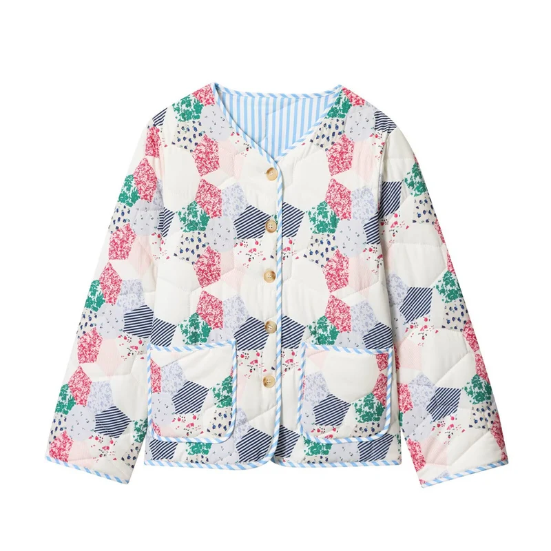 Damen Gesteppte Kurzjacke im Patchwork-Quilt-Look mit Knopfleiste und aufgesetzten Taschen Nord Taschen