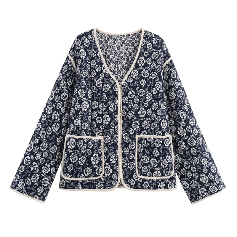 Damen gesteppte Jacke mit floralem Allover, V-Ausschnitt, Kontrastpaspel und aufgesetzten Taschen Nord Taschen