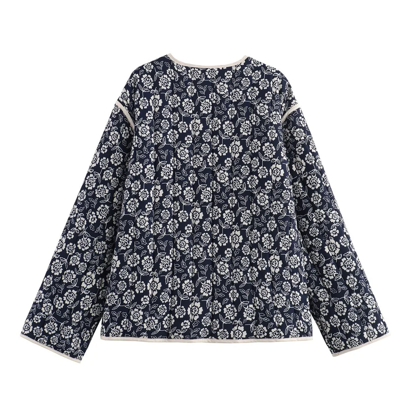 Damen gesteppte Jacke mit floralem Allover, V-Ausschnitt, Kontrastpaspel und aufgesetzten Taschen Nord Taschen