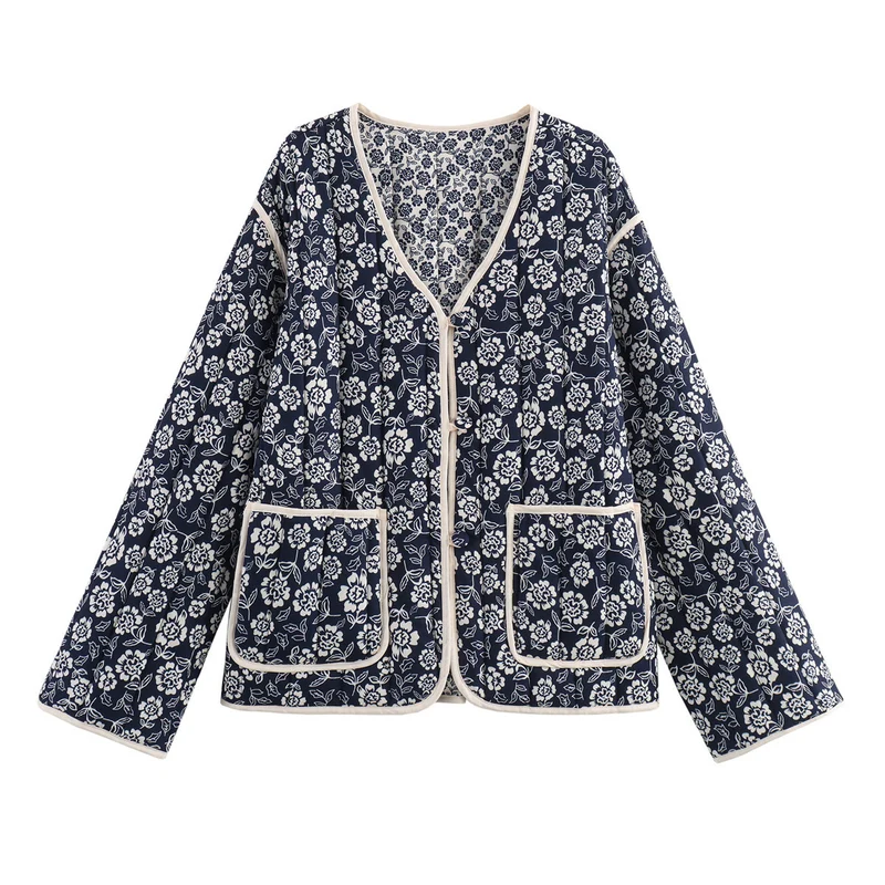 Damen gesteppte Jacke mit floralem Allover, V-Ausschnitt, Kontrastpaspel und aufgesetzten Taschen Nord Taschen