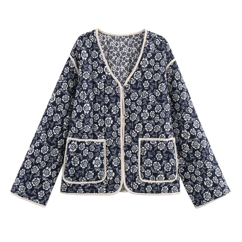 Damen gesteppte Jacke mit floralem Allover, V-Ausschnitt, Kontrastpaspel und aufgesetzten Taschen Nord Taschen
