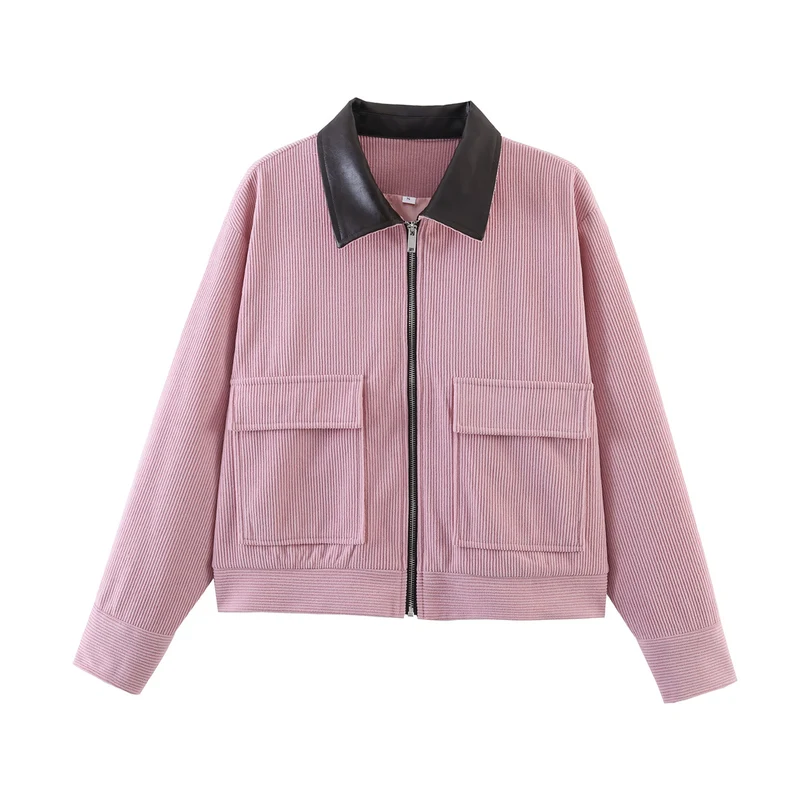 Damen Gerippte Kurzjacke mit Reißverschluss, aufgesetzten Klappentaschen und Kontrastkragen aus Kunstleder Nord Taschen