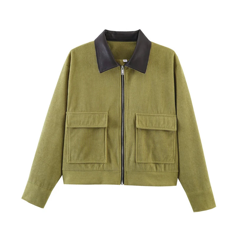 Damen Gerippte Kurzjacke mit Reißverschluss, aufgesetzten Klappentaschen und Kontrastkragen aus Kunstleder Nord Taschen
