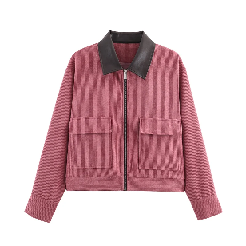 Damen Gerippte Kurzjacke mit Reißverschluss, aufgesetzten Klappentaschen und Kontrastkragen aus Kunstleder Nord Taschen