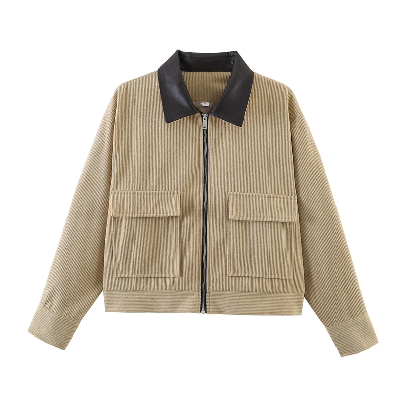 Damen Gerippte Kurzjacke mit Reißverschluss, aufgesetzten Klappentaschen und Kontrastkragen aus Kunstleder Nord Taschen