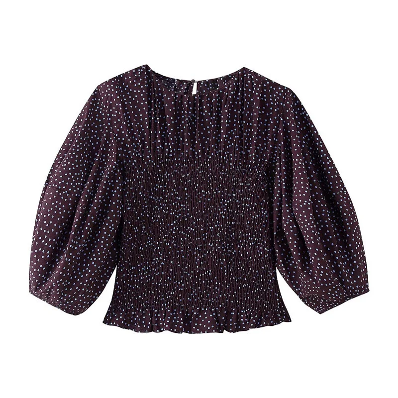 Damen gerafftes Polka‑Dot Oberteil mit elastischem Smock‑Korpus, Ballonärmeln und Volantsaum Nord Taschen