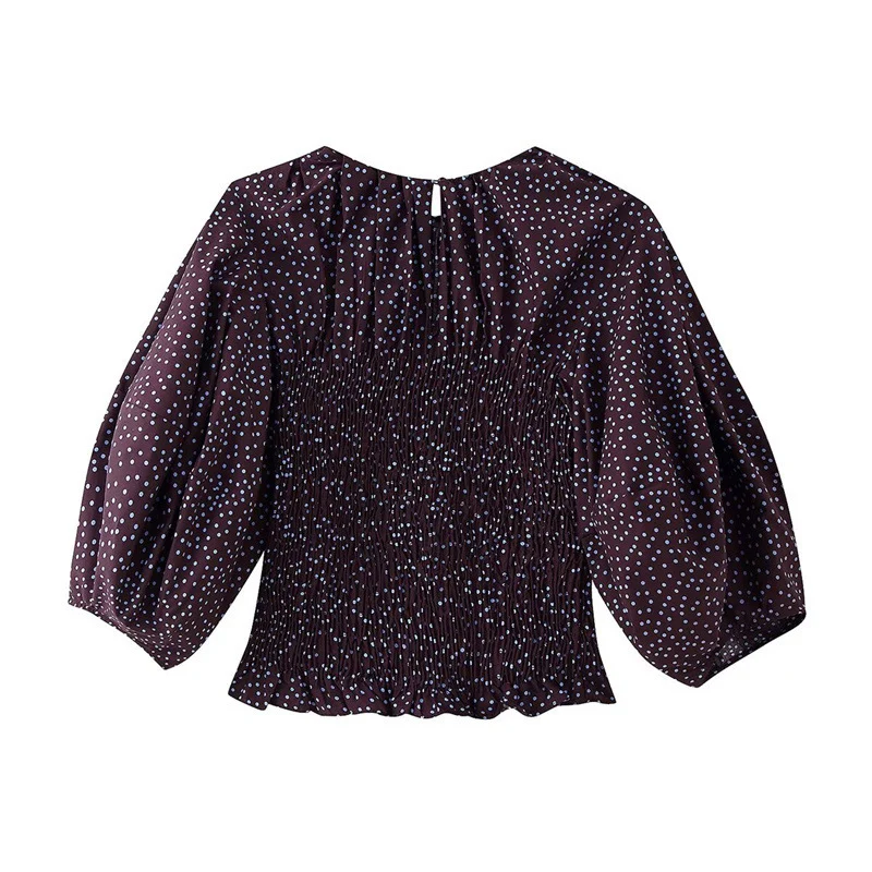 Damen gerafftes Polka‑Dot Oberteil mit elastischem Smock‑Korpus, Ballonärmeln und Volantsaum Nord Taschen